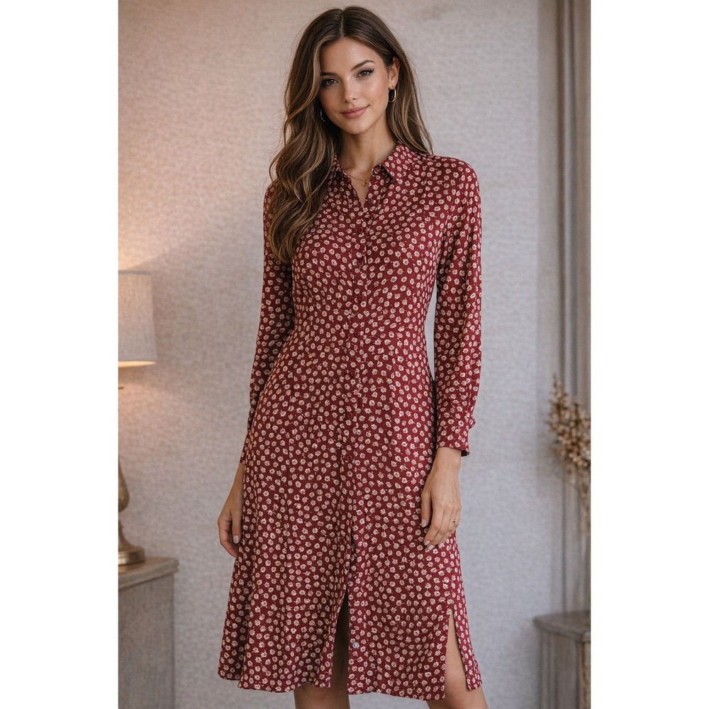 Reformation Floral Midi Dress Button Front Long Sleeve Red EcoVero Womens Medium